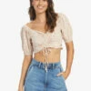 Roxy Womens Shirt Flirty Walk Printed Ruched Crop Top -clothing shop arjkt03402 roxy w teh6 frt1