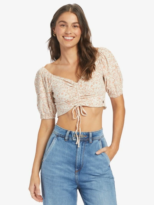 Roxy Womens Shirt Flirty Walk Printed Ruched Crop Top 3 Roxy Womens Shirt Flirty Walk Printed Ruched Crop Top