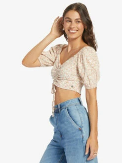 Roxy Womens Shirt Flirty Walk Printed Ruched Crop Top 9 Roxy Womens Shirt Flirty Walk Printed Ruched Crop Top -clothing shop arjkt03402 roxy w teh6 frt2